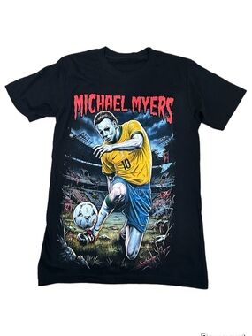 Michael Myers Black Graphic Soccer T-Shirt - Yellow & Blue Print